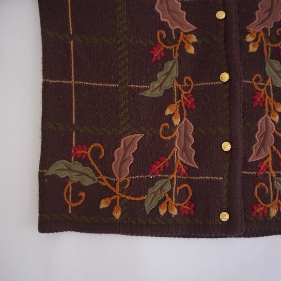 VTG Crystal Kobe Brown Leaf Vine Embroidered Plaid Knit Gold Button Cardigan S - Picture 7 of 9